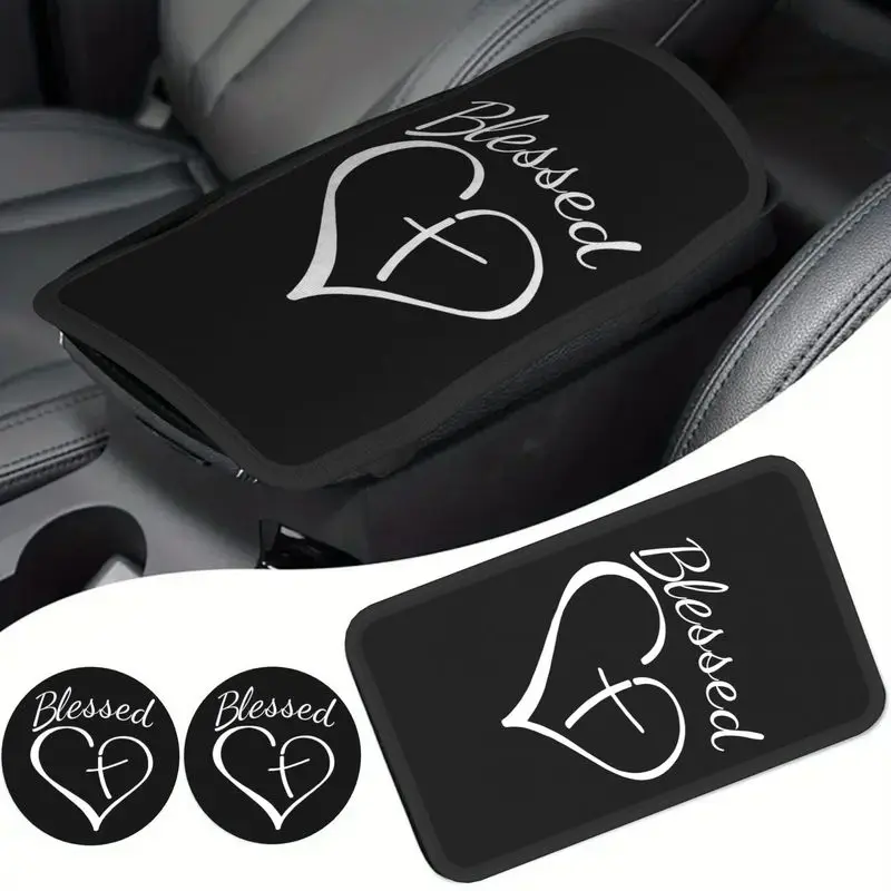 3pcs Blessed Heart Black And White Armrest Cup Holder Set Car Interior Additions And Decorations for Men And Women