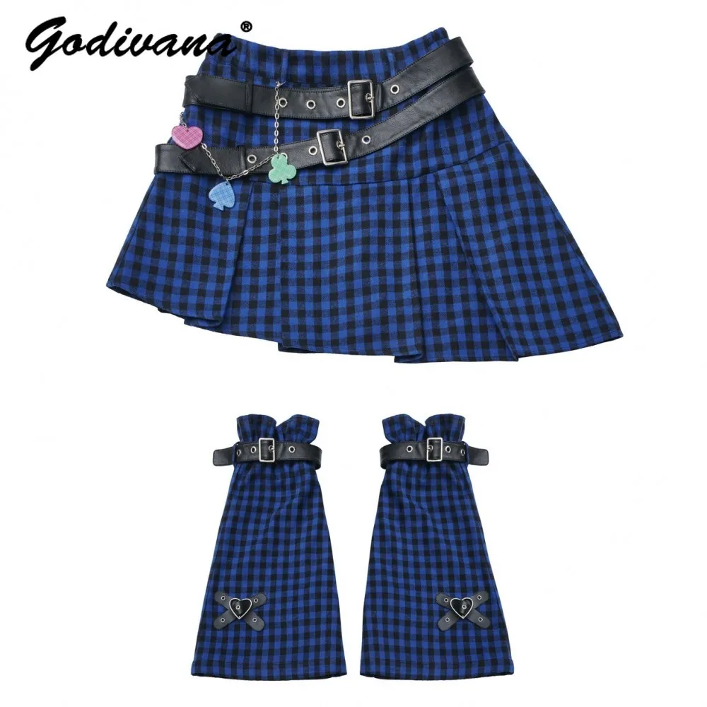 Sweet Cool Girls Y2k Oblique Plaid Skirts Spring and Summer High Waist Belt Slim Short Skirt with Leg Warmers