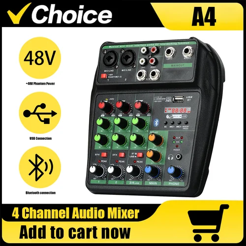 Imagen 1 del producto Mezclador profesional portátil de 4 canales A4-G, fuente de alimentación Bluetooth 48V adecuada para DJ Karaoke, PC MP3 micrófono