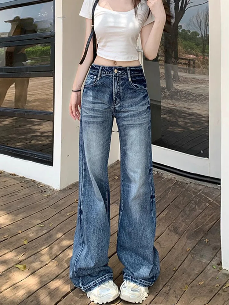 Damskie jeansy plus size z rozszerzanymi nogawkami, nowość 2025, luźne, proste, szerokie nogawki, długość do podłogi, spodnie typu trąbka w stylu amerykańskim high street.