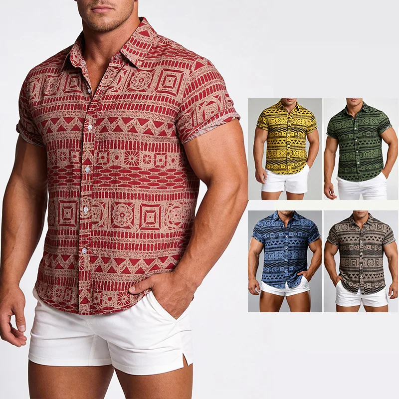 

Men's Ethnic Style Printed Shirt 2026 Summer Short Sleeved New Floral Shirt for Hawaiian
