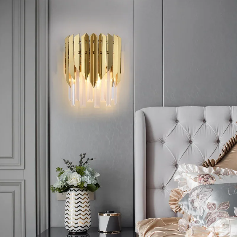 Lámpara de pared de cristal, luz dorada nórdica, luz de pared de lujo, iluminación interior, decoración de habitación, candelabro para dormitorio, sala de estar, mesita de noche, Hotel