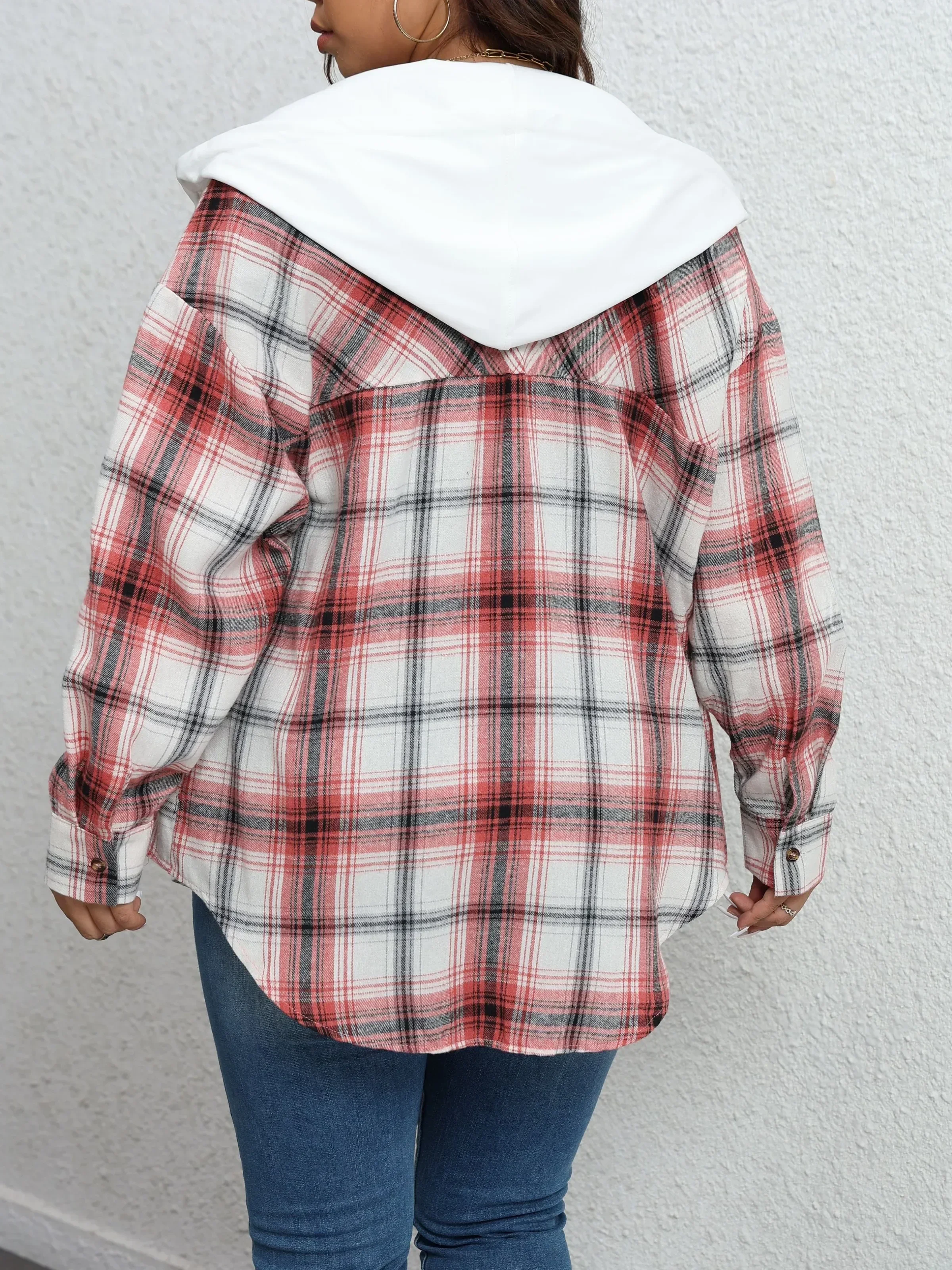 Plus Größe Mode Frauen Langarm einreiher Aufgesetzte Tasche Kordelzug Hemd Klassische Plaid Print Casual Mit Kapuze Sweatshirt