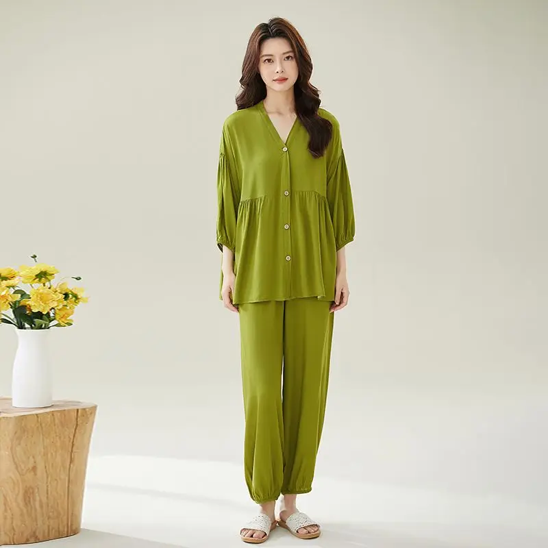 V-neck Printed Cotton Silk Pajamas Women's Spring and Autumn Loose Large Size Loungewear Going Out Suit Moisture Wicking Summer