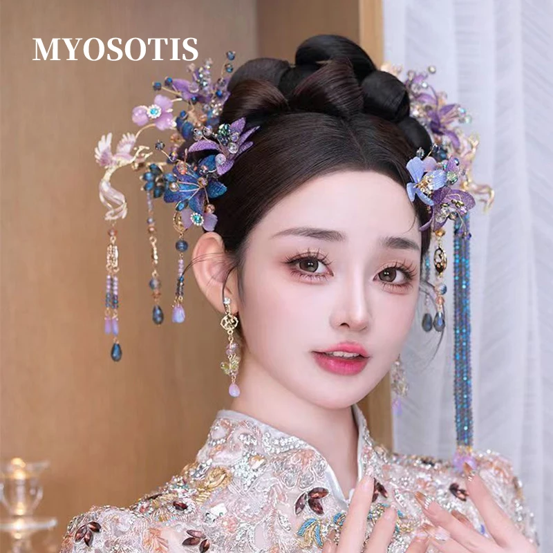 

Fairy Purple Retro Chinese Style Crystal Phoenix Hairpin Traditional Hanfu Bride Ancient Costume Wedding Headpiece Jewelries