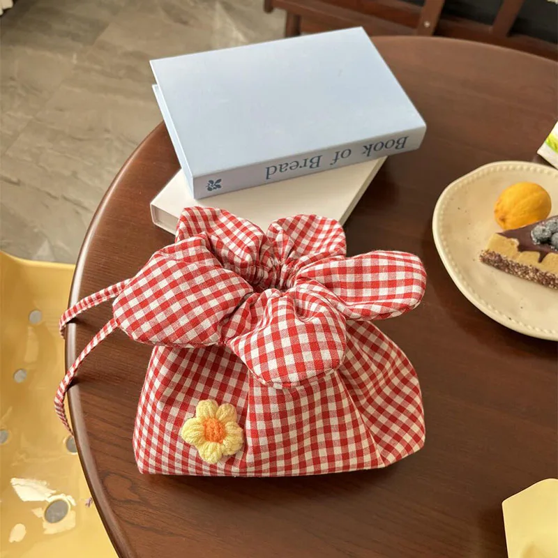 Kawaii Petal Drawstring Makeup Bag Lattice Solid Fabric Cosmetic Pouch Portable Travel Lipstick Small Item Storage Hand Bag