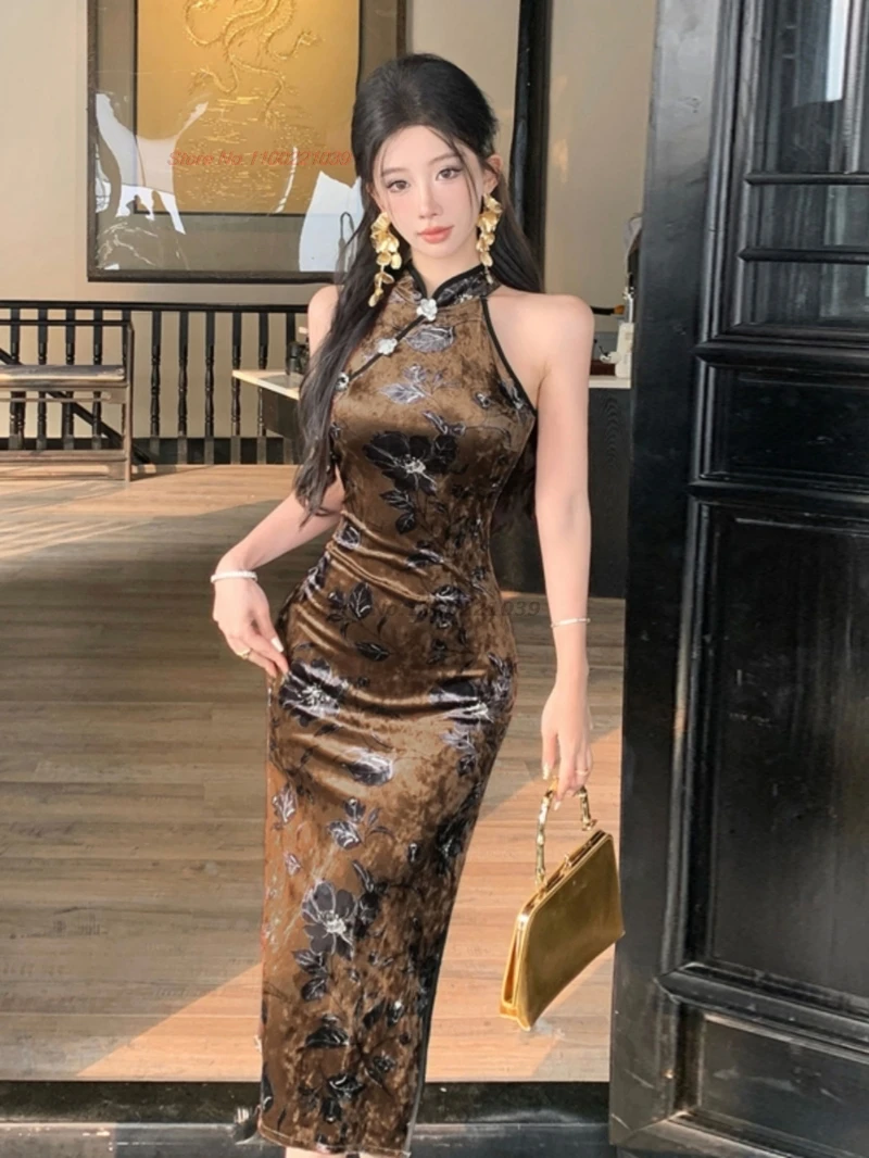 

2025 chinese sexy nightclub dress sleeveless qipao traditional flower print velvet cheongsam dress retro banquet evening dress