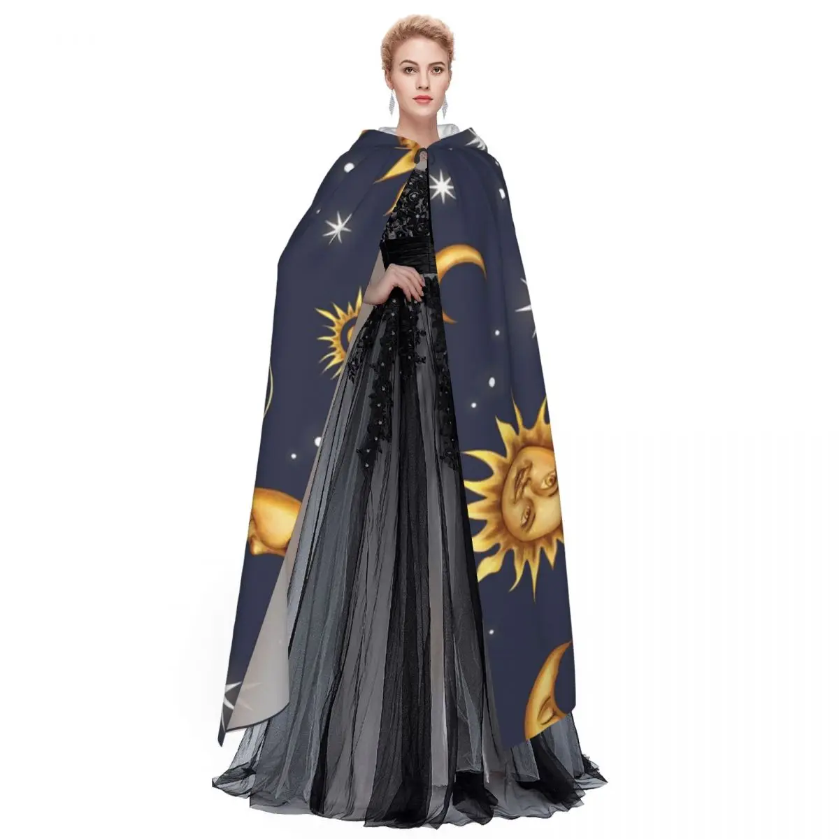 Vintage celestial sol lua longo com capuz capa bruxa traje medieval cosplay capa halloween vampiro adulto unisex