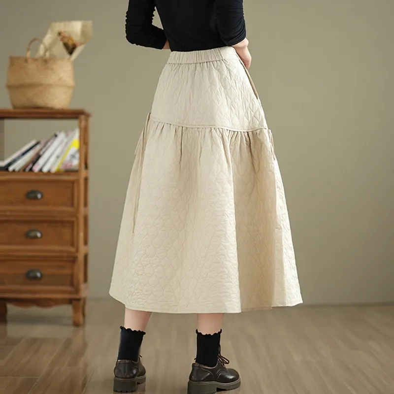 High Waist Long Skirt Women New Arrival 2024 Autumn Vintage Style Solid Color Basics Female Quilted Warm Casual Skirts B2019