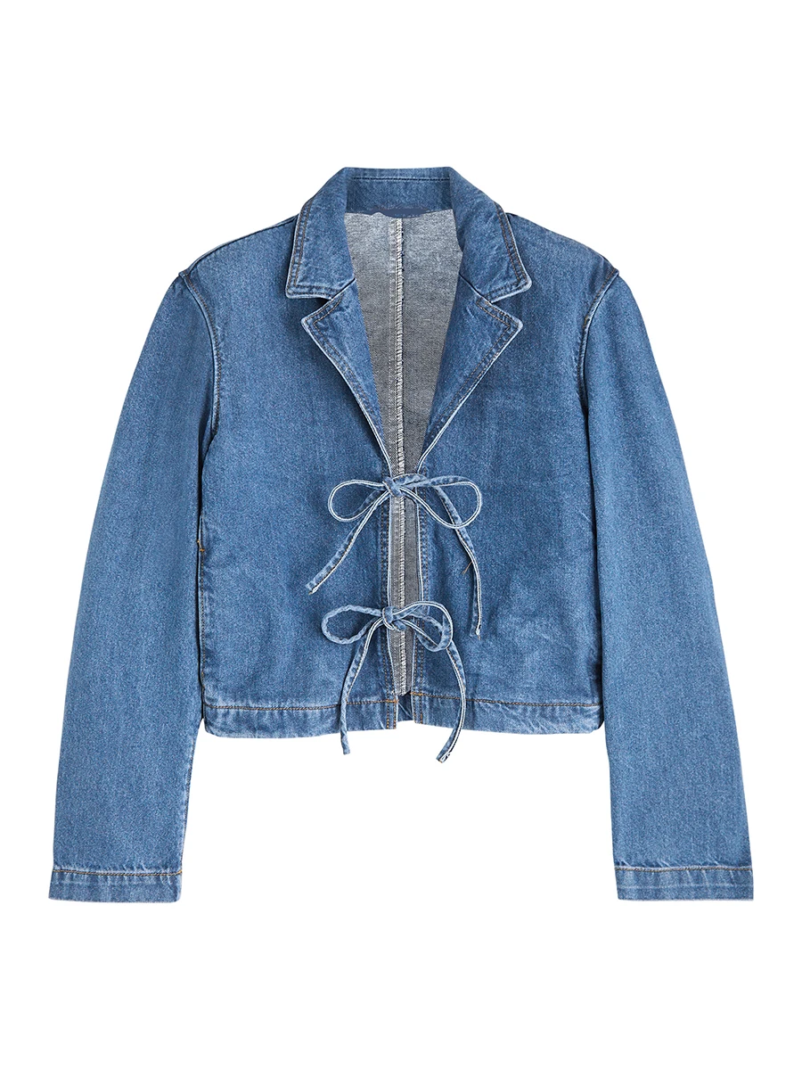 Women s Denim Jacket Solid Lapel Neck Tie-Up Front Jean Tops Casual Streetwear for Fall