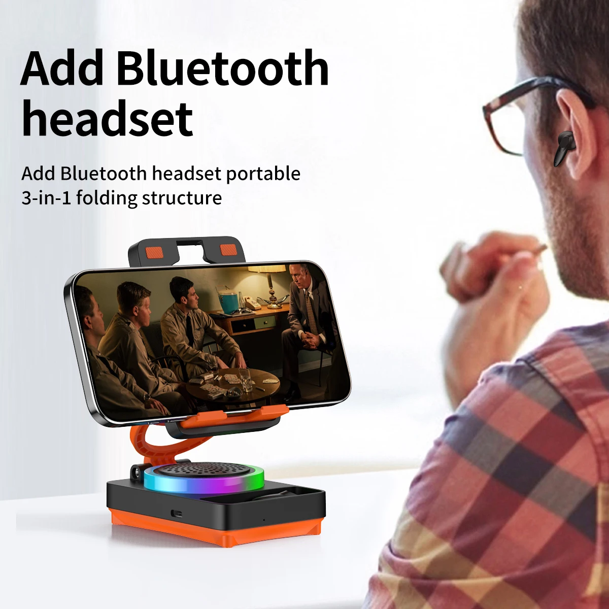 Portable Bluetooth Speaker Cell Phone Holder Stand Adjustable Desktop Live Lazy Tablet Bracket RGB Light with Bluetooth Headset