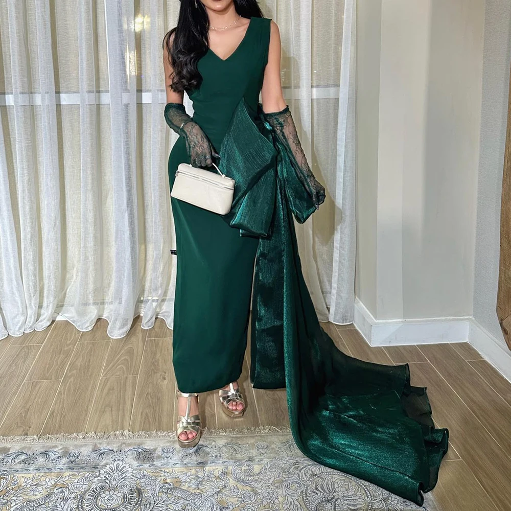 

Customized Delicate Jersey Straight Cap Sleeve Lace Evening Dress V-Neck Panel Train Special Occasion Gowns Photo Color Sexy