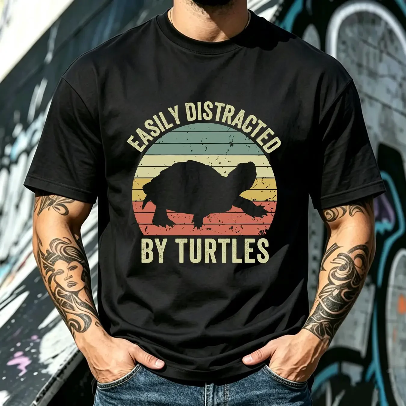 washed T Shirt Turtle Funny Lover Easily Distracted by Turtles Retro Vintage vintage Washed streetwear fashion Versatile