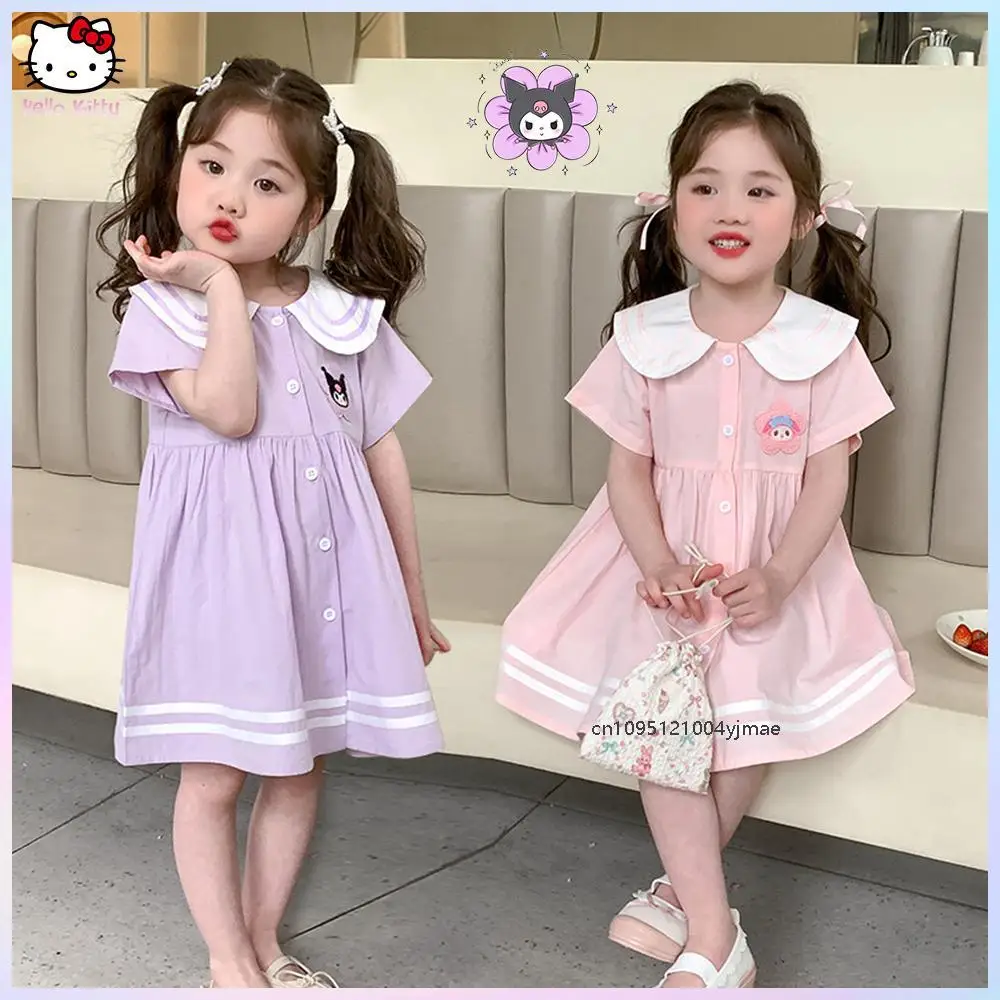 

Kawaii Anime Children Dress Sanrios Kuromi Cute Girls Princess Cartoon Fashion Sweet Navy Collar Embroidery Short Sleeve Dress