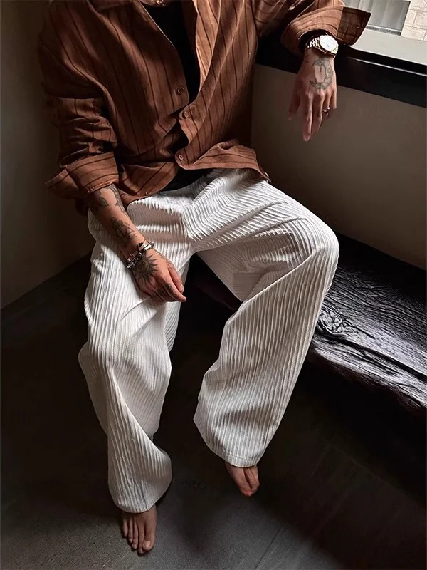 

Мужские летние брюки из полиэстера: тонкие, белые, текстурированные, в стиле Old Money, свободного кроя, с широкими штанинами, прямые, длинные, повседневные