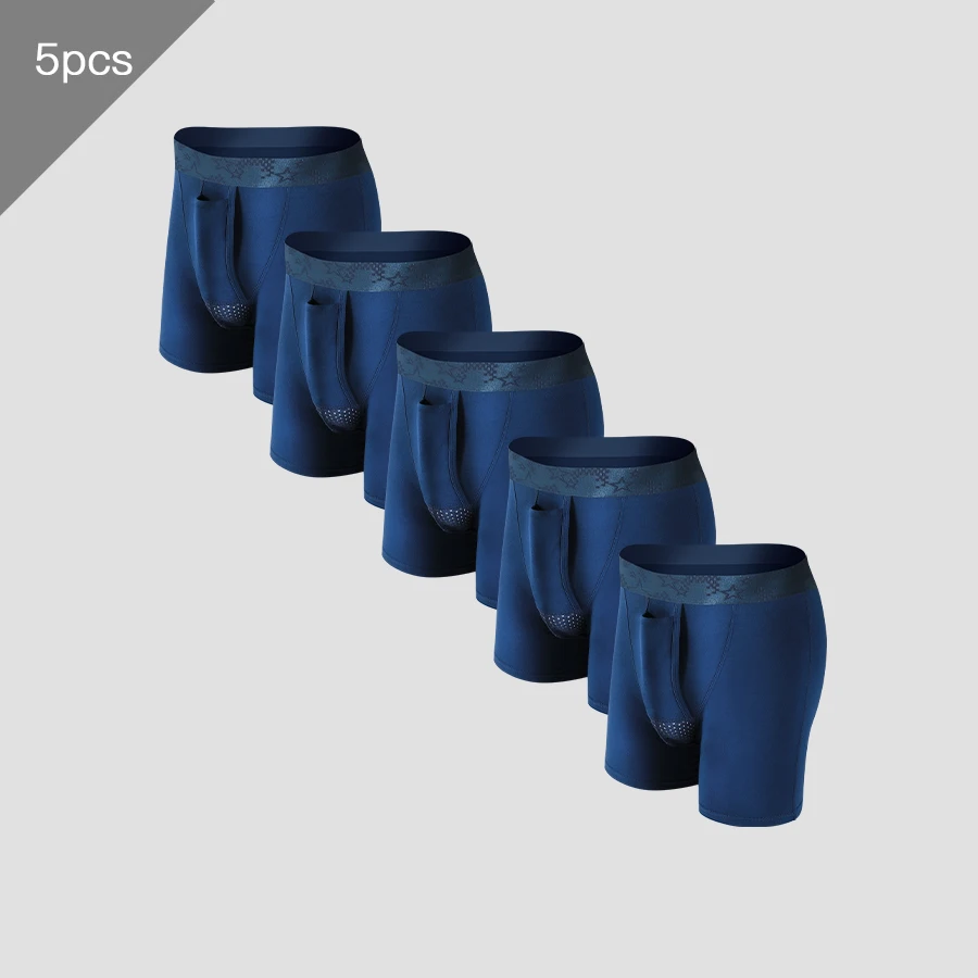 

5PCS Men's boxer shorts with bullet-style separation design, preventing leg chafing. These breathable underpants are equipped wi