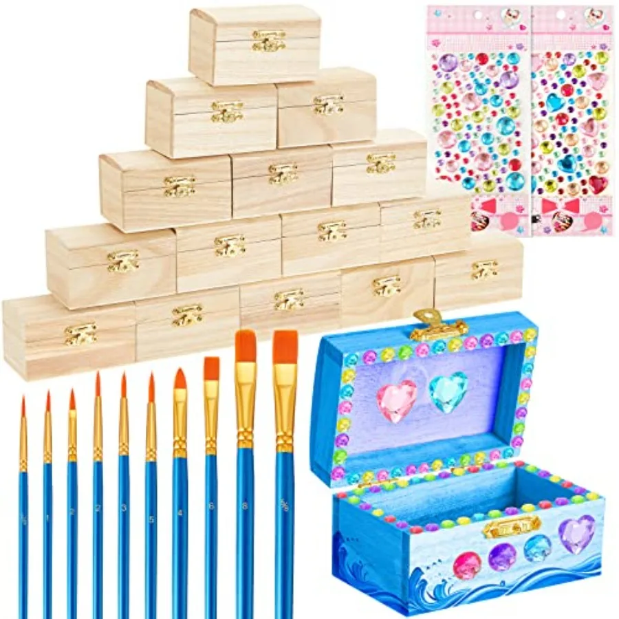 

15 Pcs Small Wooden Boxes with Hinged Lids 3.5 x 2.2 x 1.9 Inch Unfinished Wooden Treasure Chest Box 10 Pcs Paint Brushes with