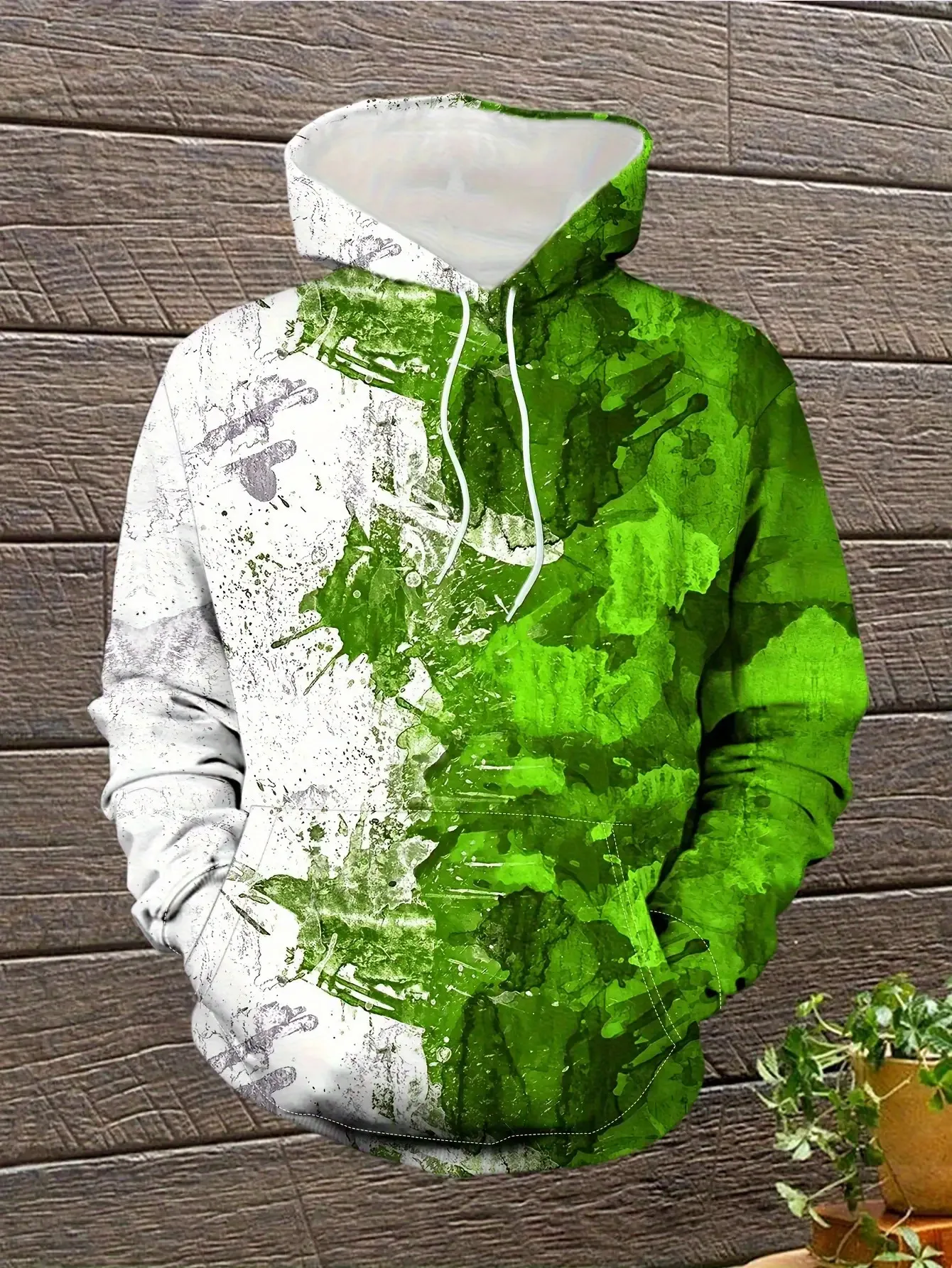 Men Hoodie Autumn Green Splash Ink Graffiti Print Long Sleeve Pullover Fashion Street Casual Daily Outdoor Tops Men's Clothing