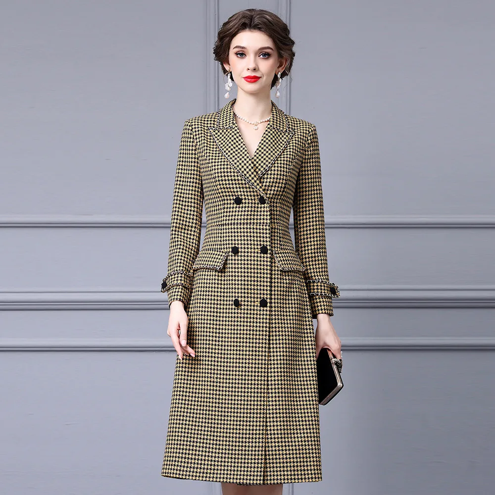 

Bird Grid waist show thin suit collar double-breasted Women‘s dress autumn and winter 2024 new office lady dresses 24040