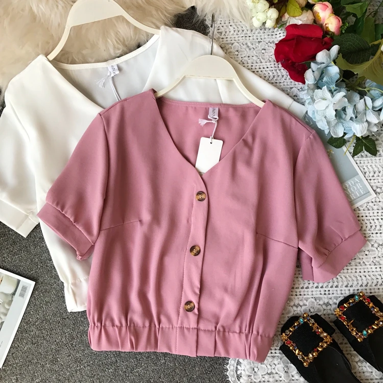 

Summer Chic Slim Fit Korean Sle Pure Color V Ne ort Sve Women's irt Faionable Button up Flounce Hem Blouse