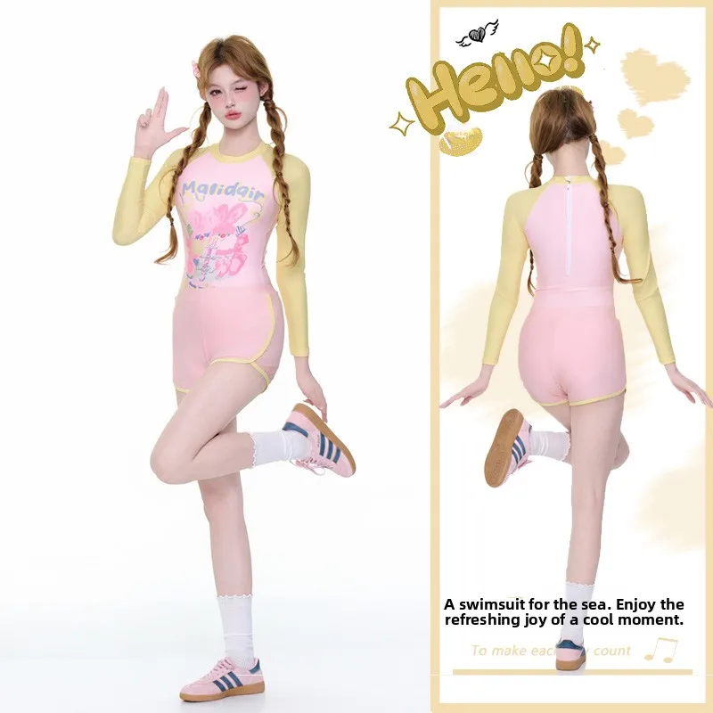 2025 New Women's One-Piece Surfing Swimsuit Long Sleeve Sporty Conservative Sunscreen Surfing Suit for Students And Teenage G...