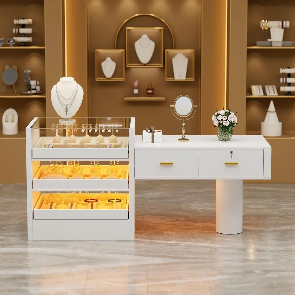 

Большая стойка ресепшн со светодиодной подсветкой и стеклянной витриной, современный стол для зоны ресепшн с выдвижными ящиками с замком, для розничной торговли