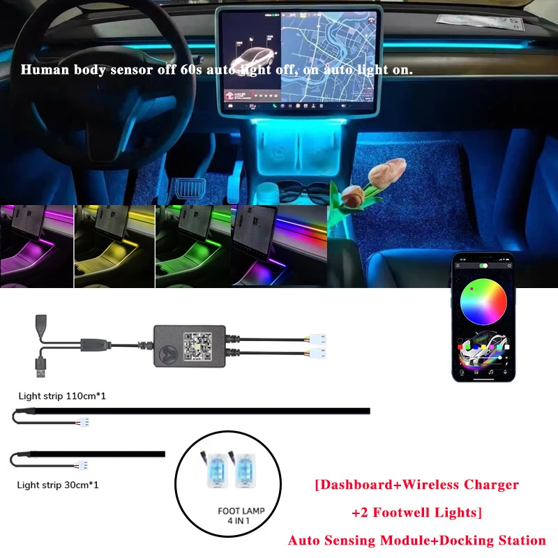 

Для Tesla Model 3 Y окружающая консоль освещения с беспроводной зарядкой 64 цвета RGB неоновый светодиод USB Power APP Управление для приборной панели