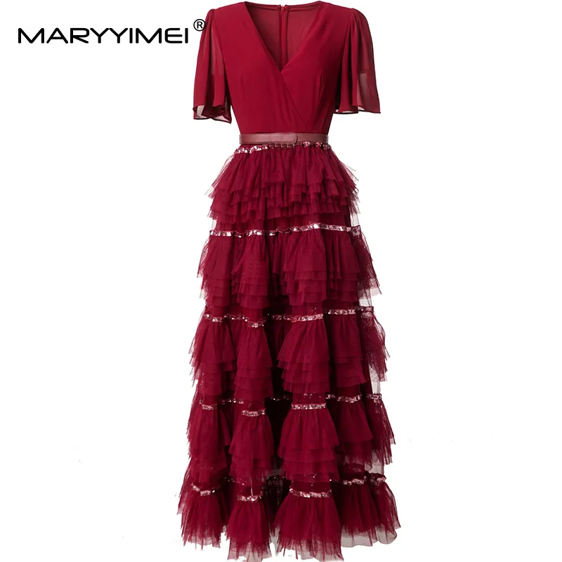 MARYYIMEI ファッションデザイン レディース イブニングドレス Vネック フレアスリーブ ソリッドスパンコール Aライン ボールガウン ドレス ベルト付き