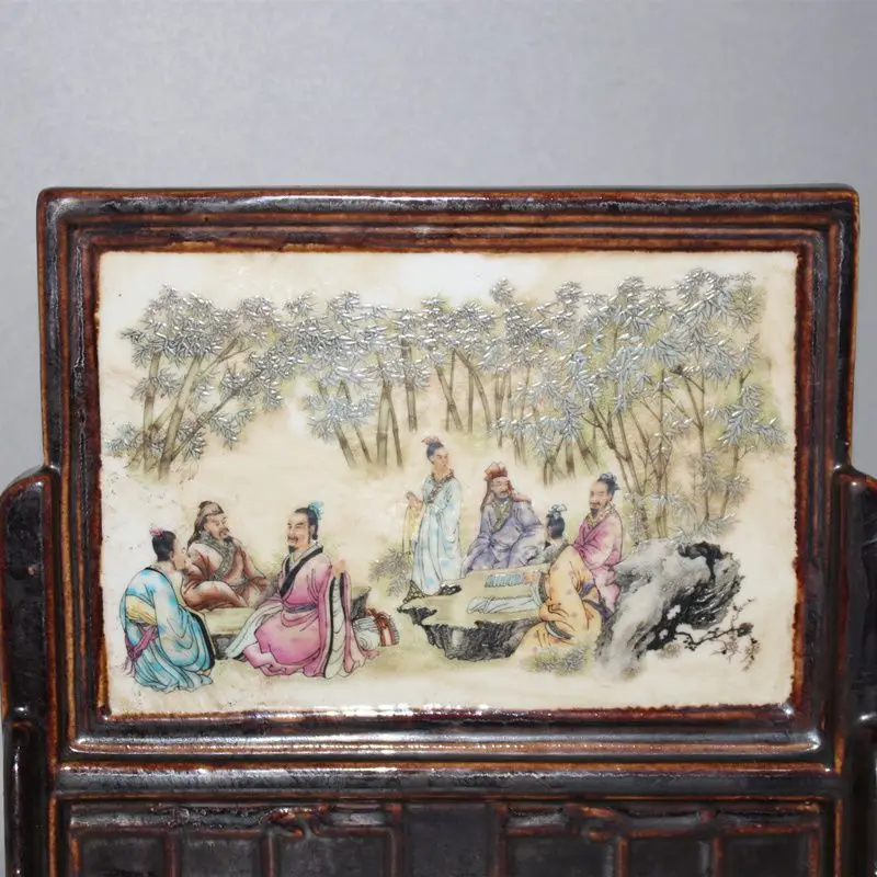 Chinese rose porcelain Bamboo Grove Seven Sages Figure Pattern Screen Antique Porcelain Ornament Collection
