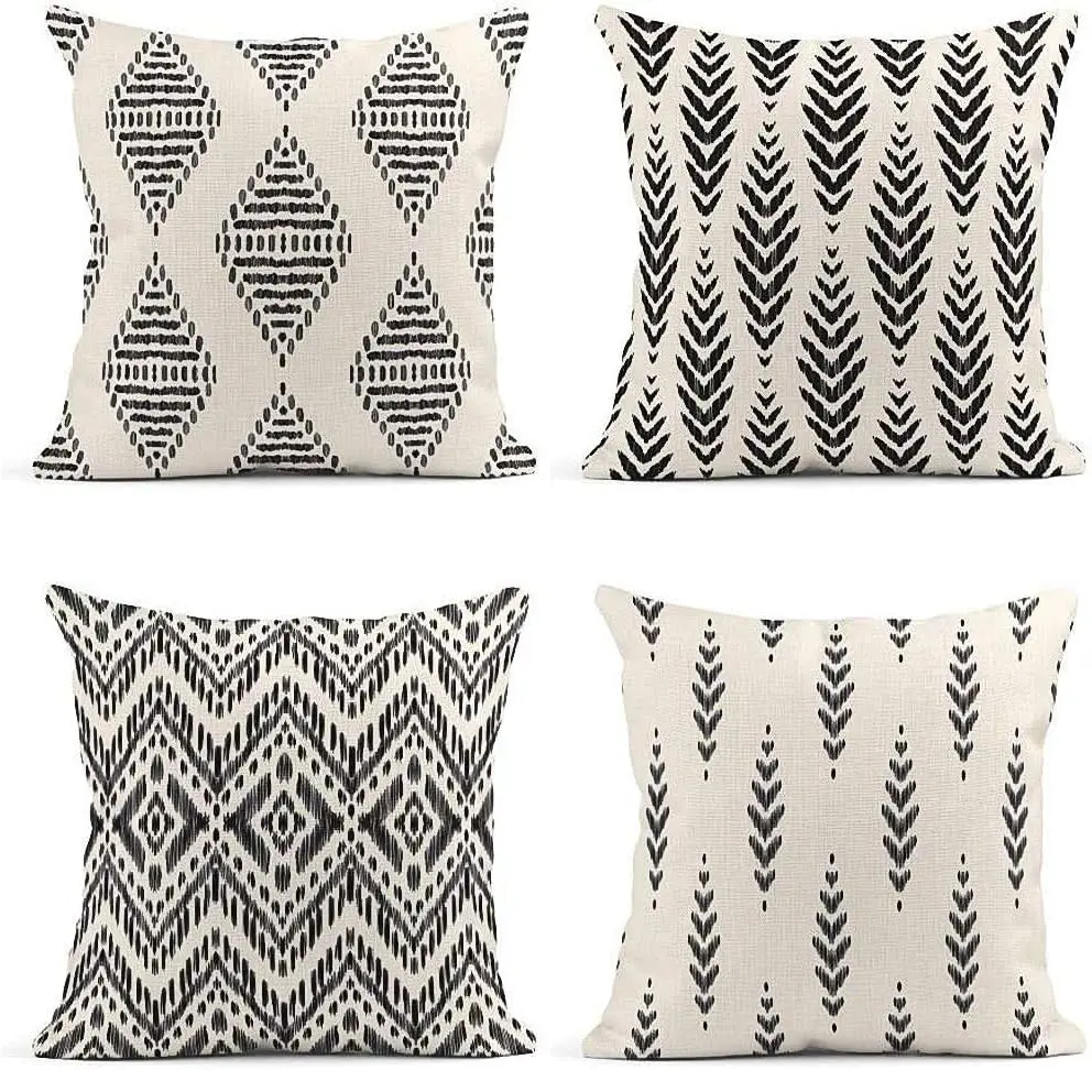 Set of 4 Throw Pillow Covers Ikat Tribal and Boho Bohemian Black Ethnic Herringbone for Ideas Decor Linen Outdoor Pillow Cases