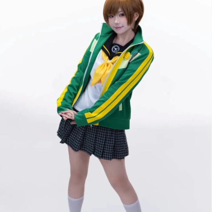 Persona 4 Chie Satonaka Cosplay Costume School Uniform Green Jacket Pleated Skirt Ribbon For Women Halloween - view 2