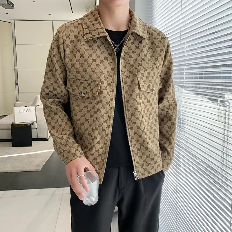 High End Jacquard Casual Jacket for Men Korean Version Niche Lapel Short Jacket Rugged and Handsome Top