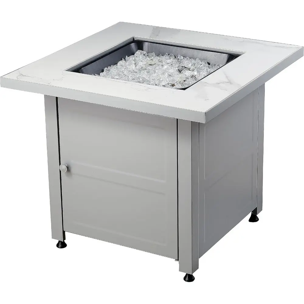 30 Inch Square Outdoor Gas Fire Pit Table with Marble Mantel, Slate Finish, White Fire Glass, and Protective Cover