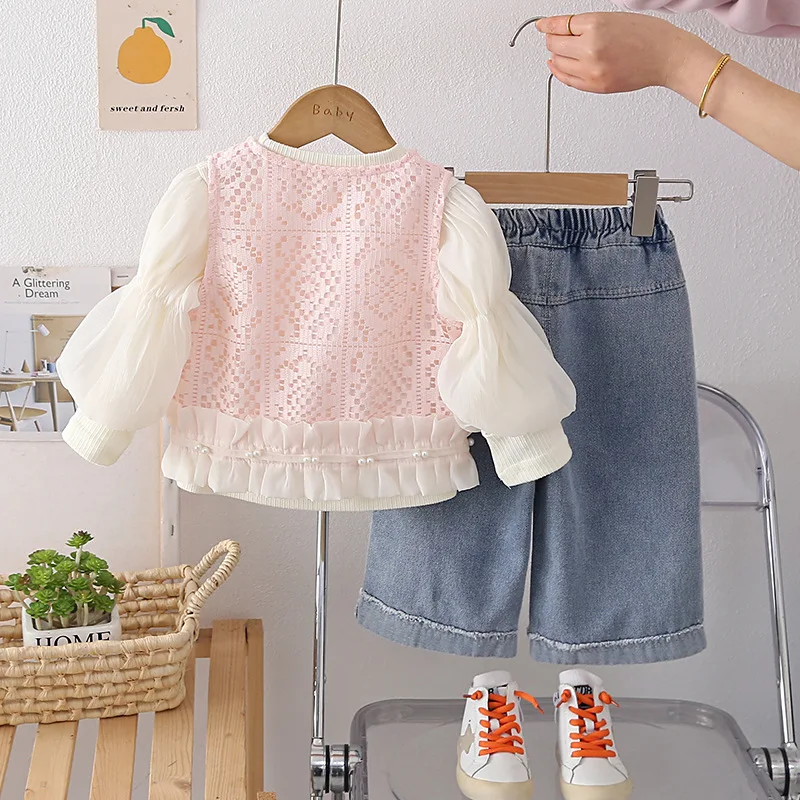 New Arrival Kids Girl 3pcs Set Lace Vest Puff Sleeve Blouse Denim Pants Toddler Baby Korean Style Sweet Casual Spring Outfit