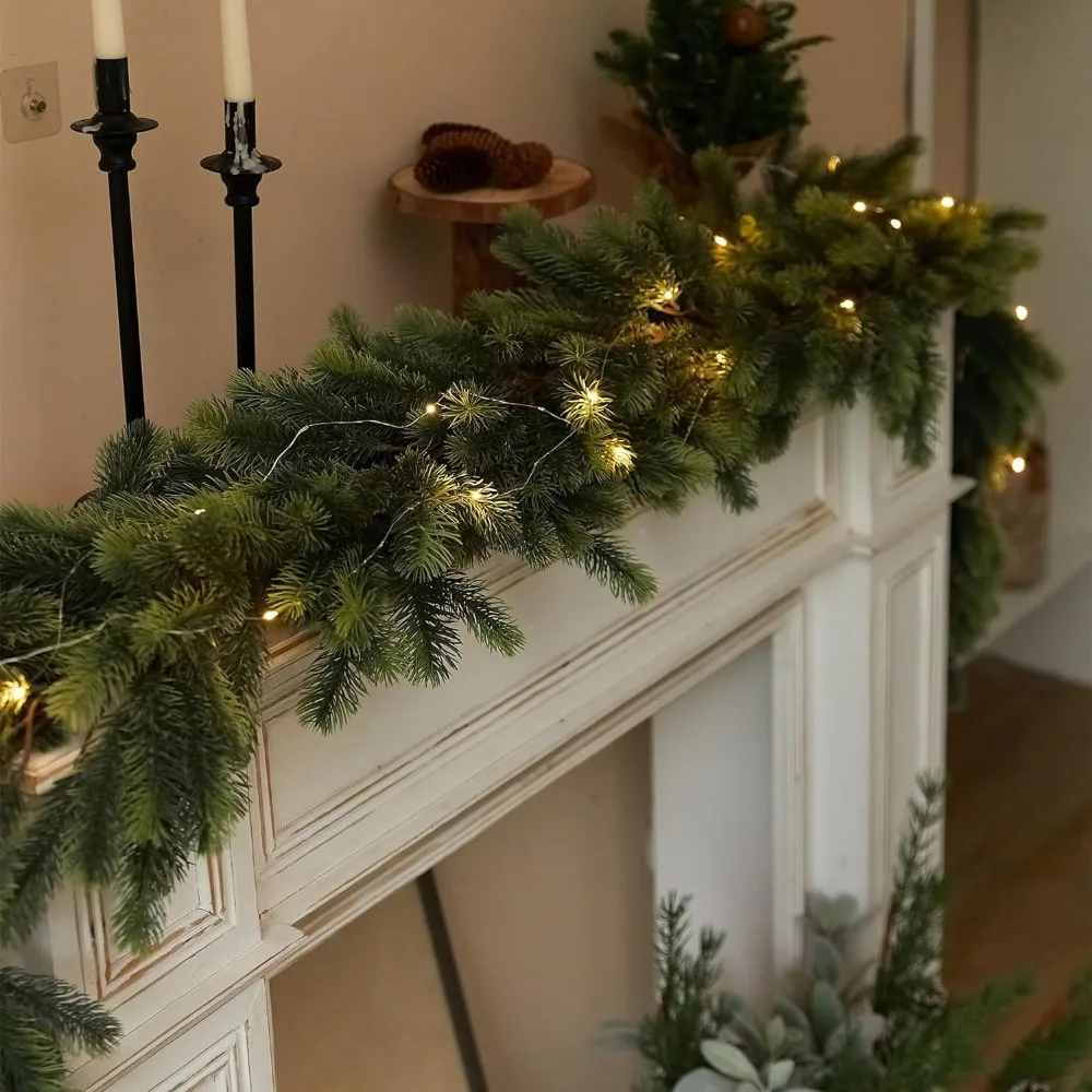 Weihnachtsgirlande aus künstlichem PE zum Aufhängen, Rattan, dekorative Zederngirlande mit LED-Lichtgirlande für Kaminsims, Kamin, Tischdecke – Detail 7