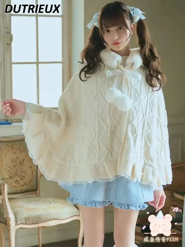 Suéter solto casual cardigan japonês produzido em massa estilo lolita casacos femininos doce fofo orelhas de urso bola de cabelo capa de malha xale