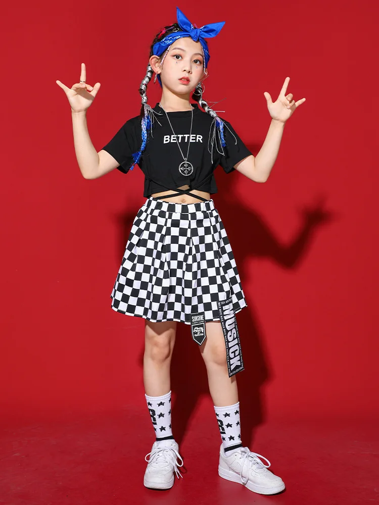 طفل Kpop الهيب هوب الملابس أبيض أسود الدانتيل يصل المحاصيل الأعلى تي شيرت الشارع متقلب تنورة صغيرة لفتاة ملابس رقص الجاز الملابس