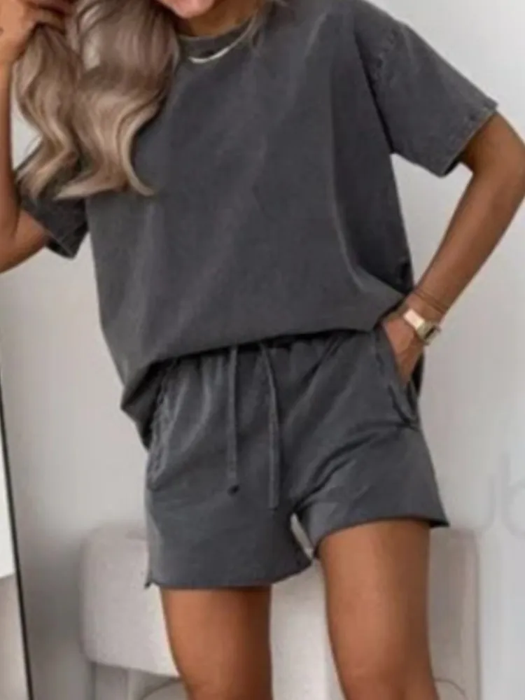 

Повседневный однотонный комплект из 2 предметов для женщин, модные спортивные топы с круглым вырезом и короткими рукавами + шорты, комплекты одежды, женская летняя женская одежда, новинка