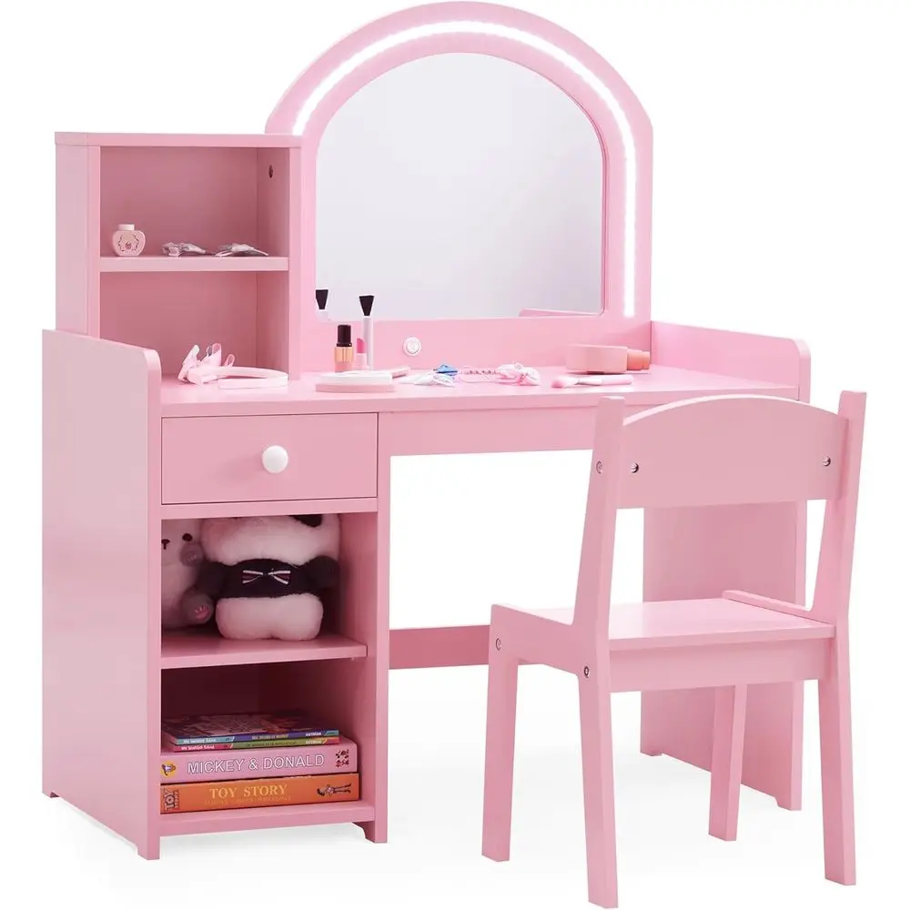 

2-in-1 Toddler Makeup Vanity Set with Storage, Lighted Mirror, and Stool for Little Girls (Pink)