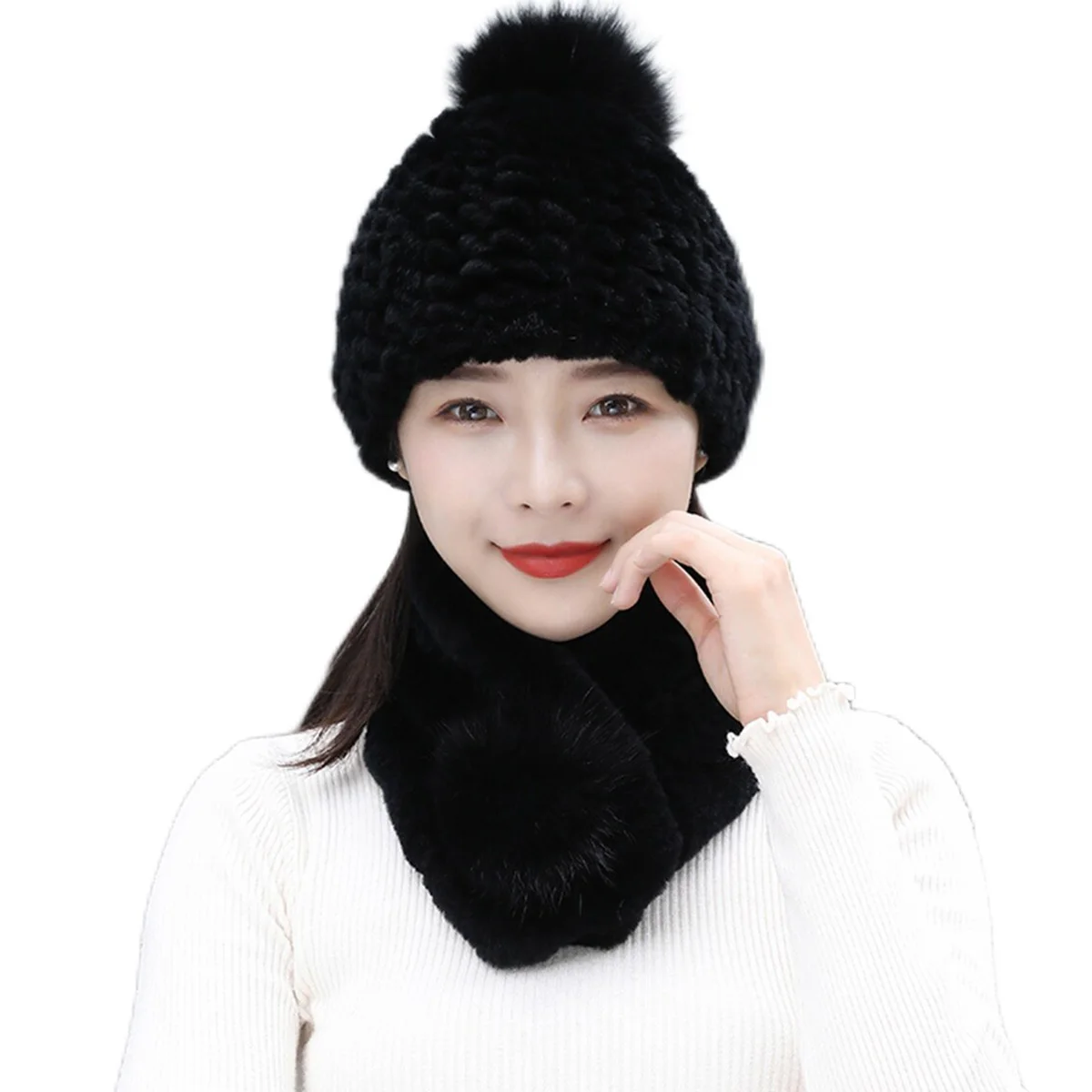 Rex Rabbit Fur Hat Scarf Set And Fur Ball Winter Accessories Hot Sale Winter Warm Fox Fur Scarf Hot Sale FEIMANYUAN
