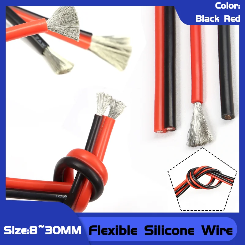 

30 28 26 24 22 20 18 16 14 12 10 8AWG Solar Panel Car Battery Flexible Electric Cable 1/5M Ultra Soft Silicone Wire Black/Red