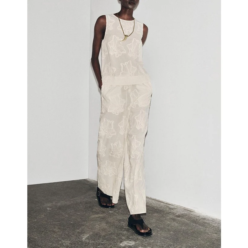 

Summer Cotton Blend Embroidered round Ne Svel Top Matching Pants Spwear Sle Two-Piece Set Long Pants ort Sve