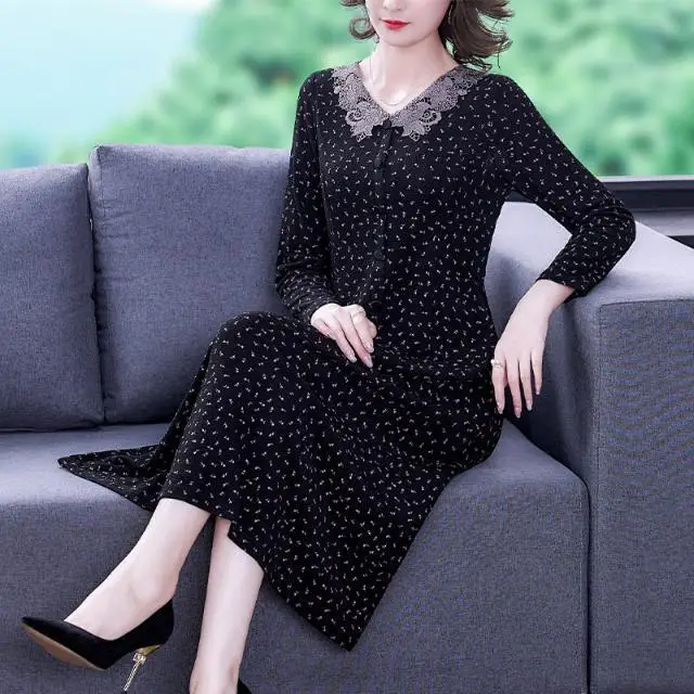 Women Dresses Spring Autumn 2024 New Fashion Floral A-line Dress Vintage Black Female Casual Printed Party Dresses Autumn V342