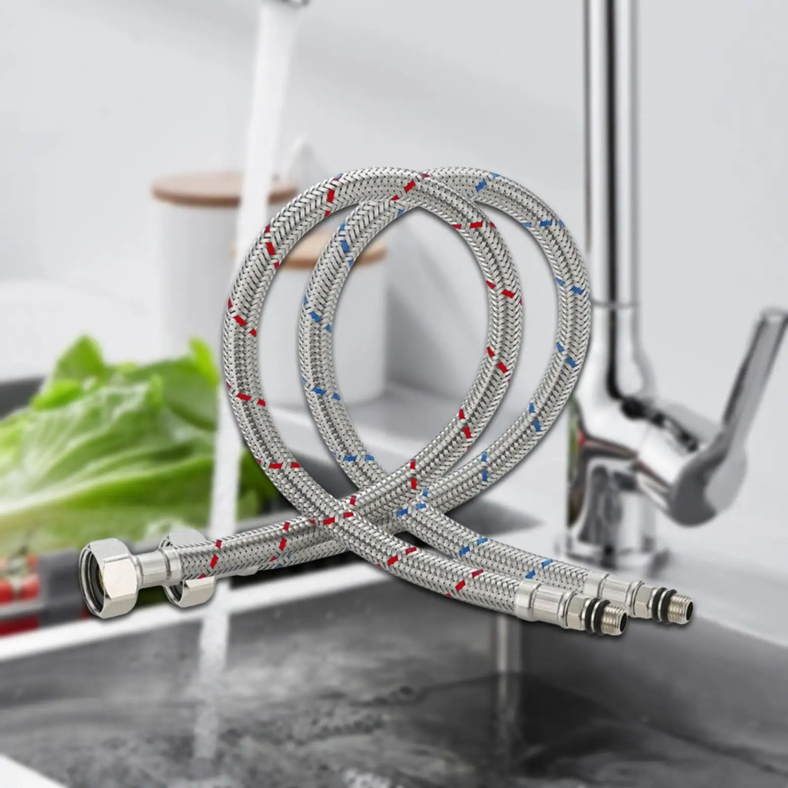 2Pcs 60cm Long Bathroom Kitchen Faucet Connector Braided Supply Hose Kitchen Faucet Hoses for Bathroom Laundry