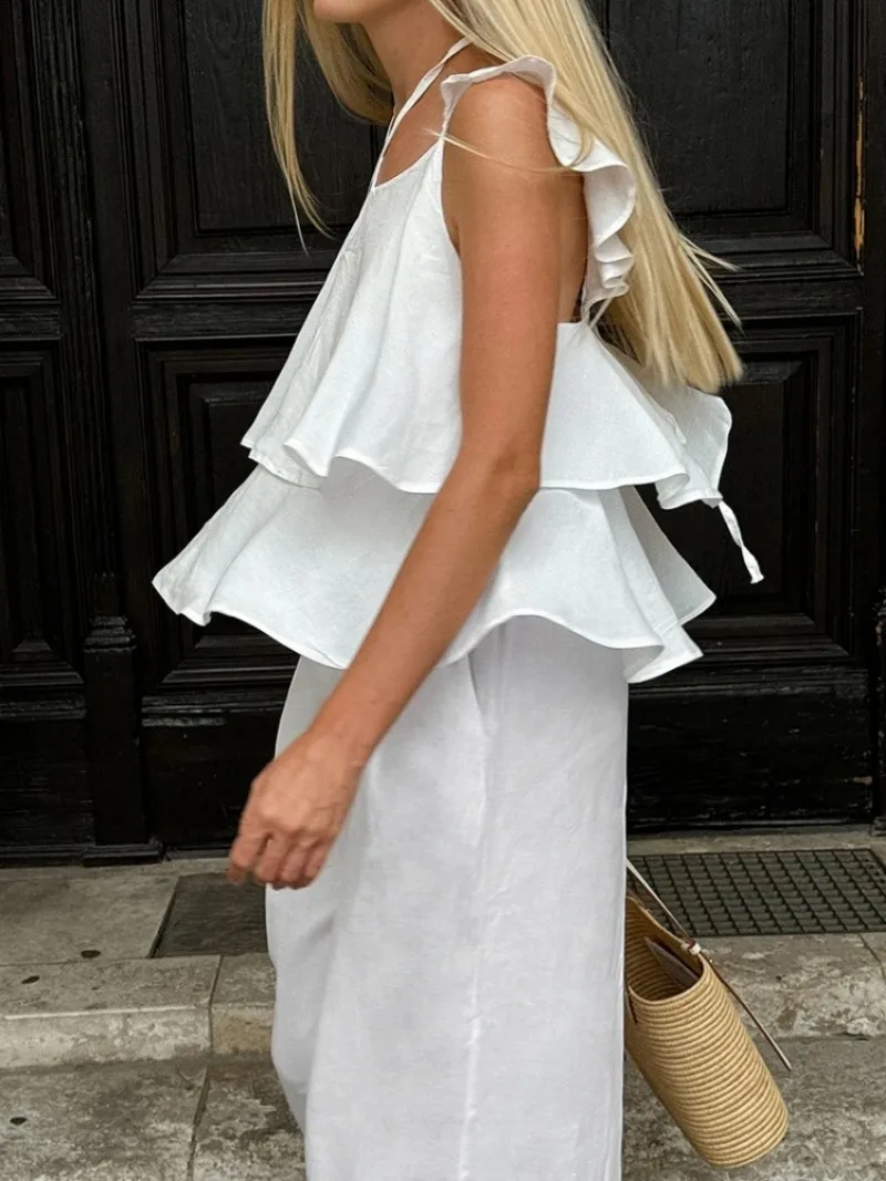 New Summer Casual 2-Piece Cotton and Linen Sexy V-Neck Fly Sleeve Backless Camisole Top and High Waisted Loose Casual Pants Set