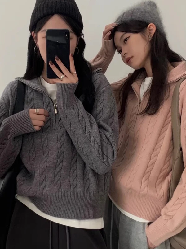 

Chic Autumn Winter Thiened Knitted ort Sweater Coat Women's Retro Twisted f Zip Lazy Versatile Sweater Jaet for Ladies