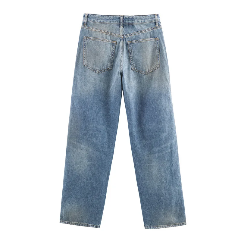 جينز كاجوال مستقيم الساق متوسط الخصر وسحاب مزين بنطال قطني نسائي متعدد الاستخدامات مجموعة شتوية أوروبية #3