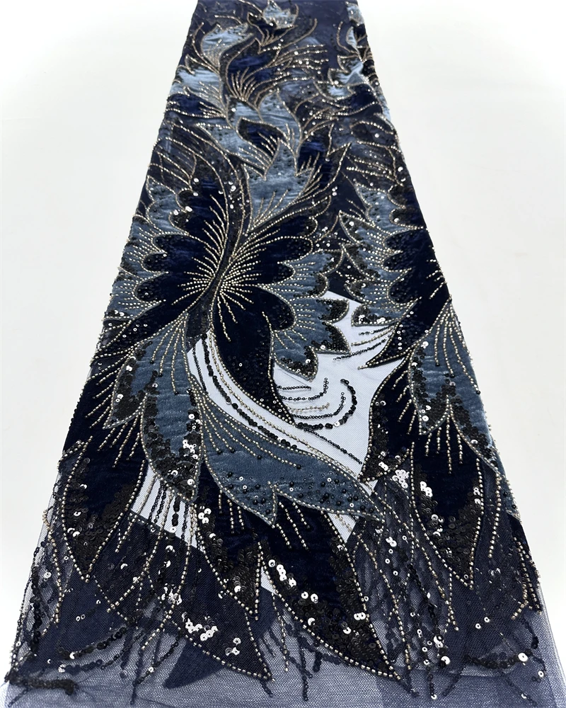 Tessuto di pizzo con perline africane di lusso in maglia di velluto francese con paillettes ricamate per abiti da sera da festa Nuovo design