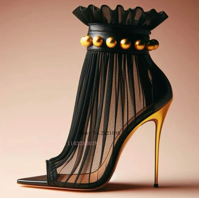 Black Mesh with Gold Stud Thin Heeled High Stiletto Heel Ankle Boots Open Point…