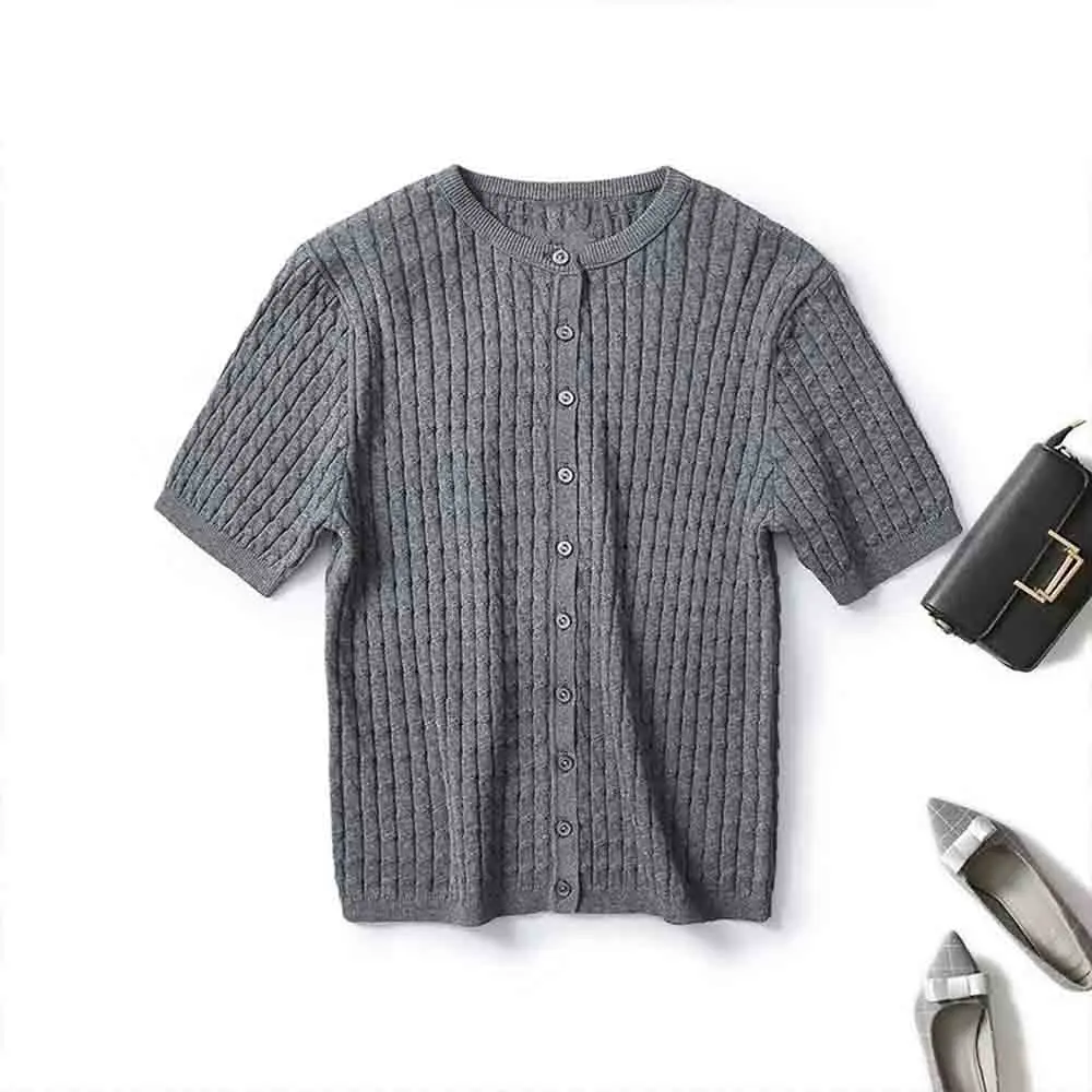 

Women 2024 Spring New Fashion Twist Knitted Cardigan Short Sleeve Chic Button-style All-match Round Neck Casual Top Mujer